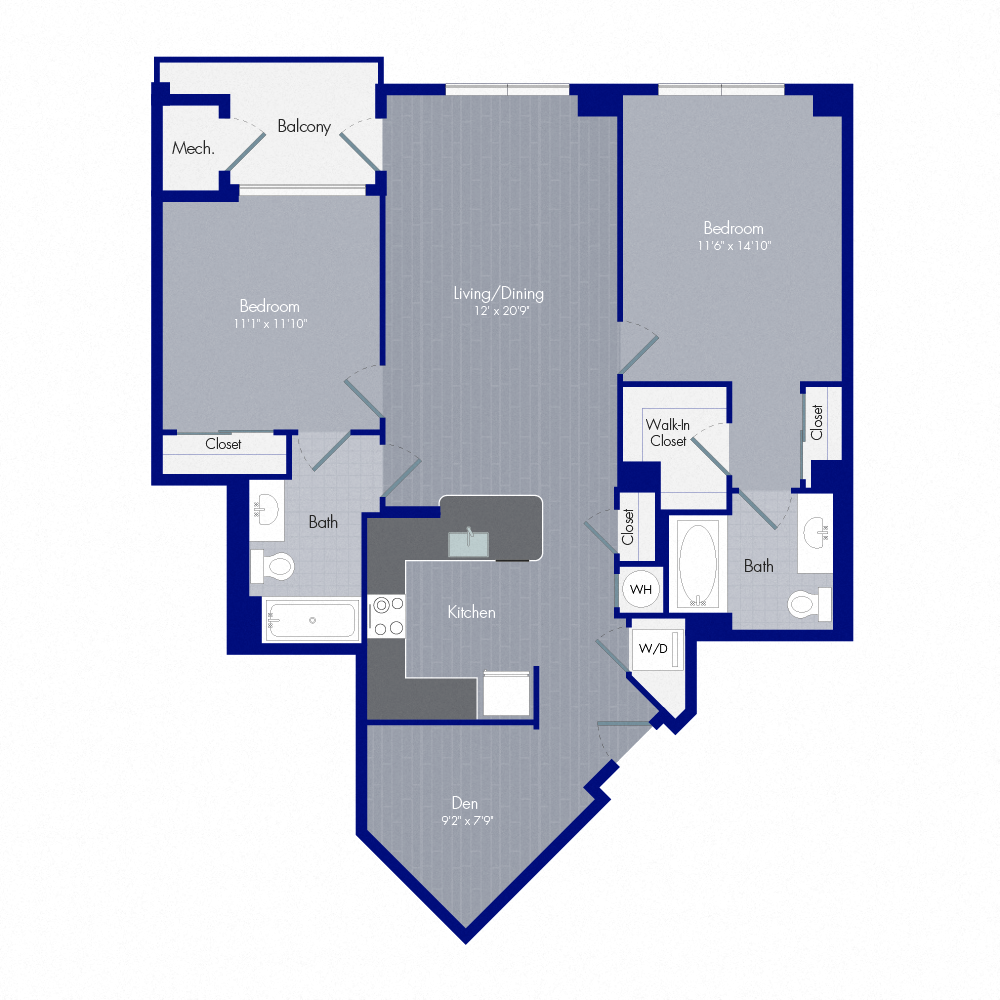 Floor plan for 2 beds, 2 baths, 1127 sqft
