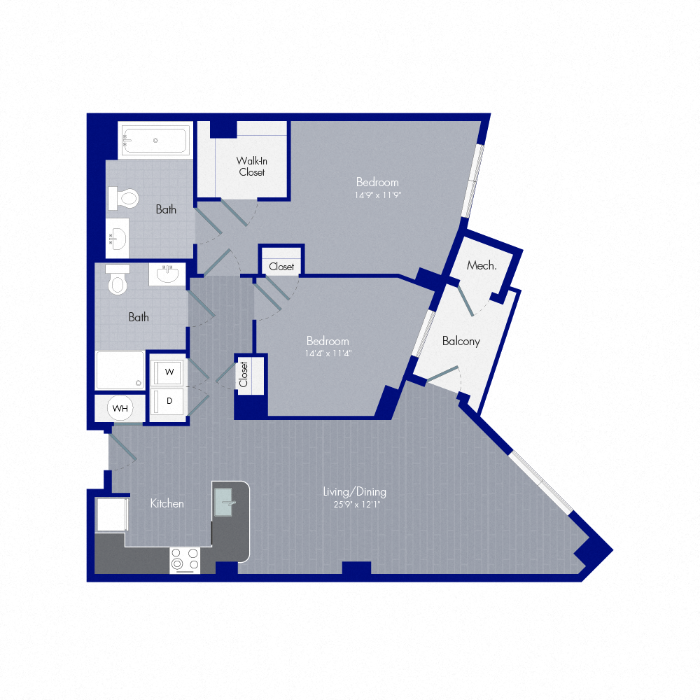 Floor plan for 2 beds, 2 baths, 1158 sqft