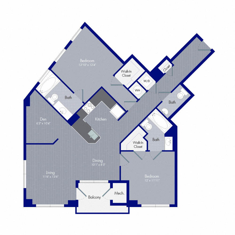 Floor plan for 2 beds, 2.5 baths, 1196 sqft