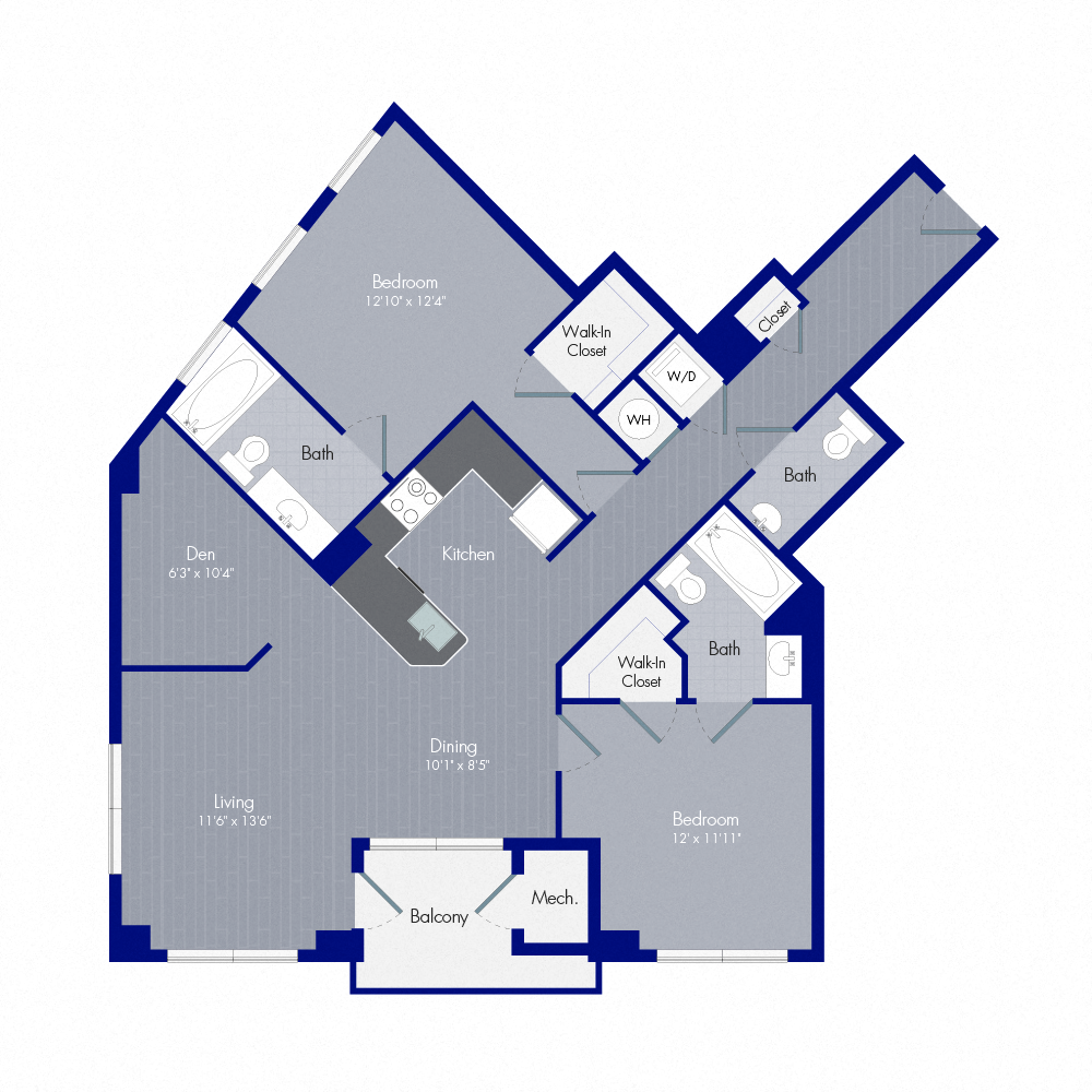 Floor plan for 2 beds, 2.5 baths, 1196 sqft