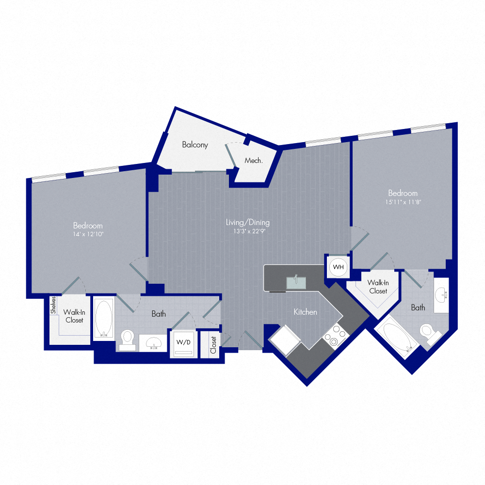 Floor plan for 2 beds, 2 baths, 1079 sqft