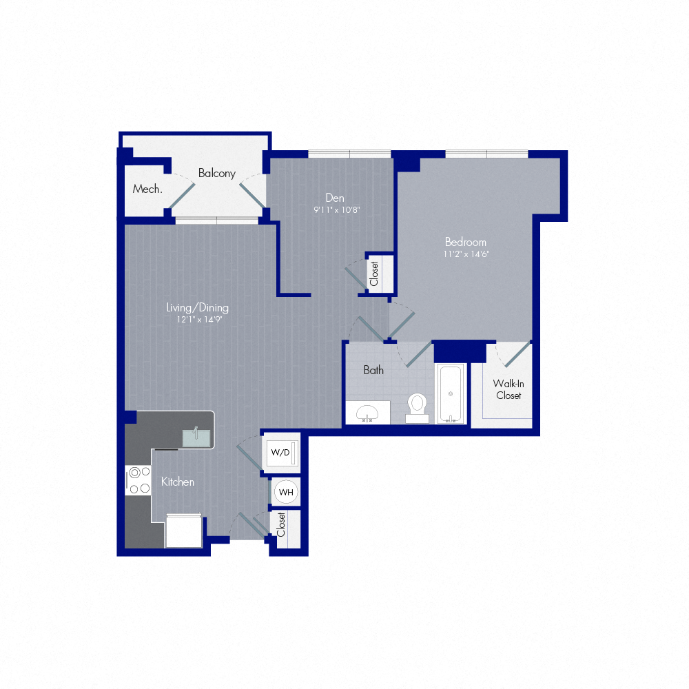 Floor plan for 1 bed, 1 bath, 863 sqft
