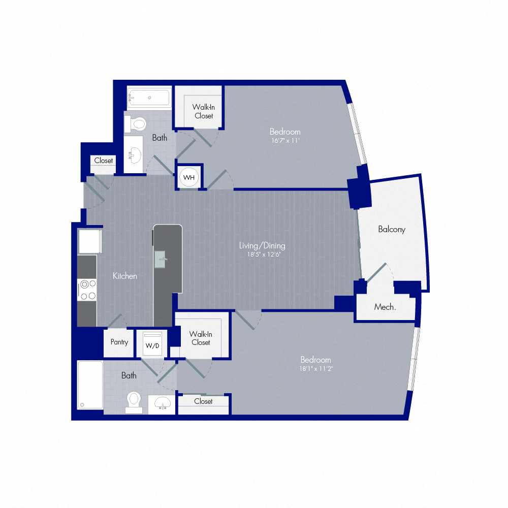 Floor plan for 2 beds, 2 baths, 1121 sqft