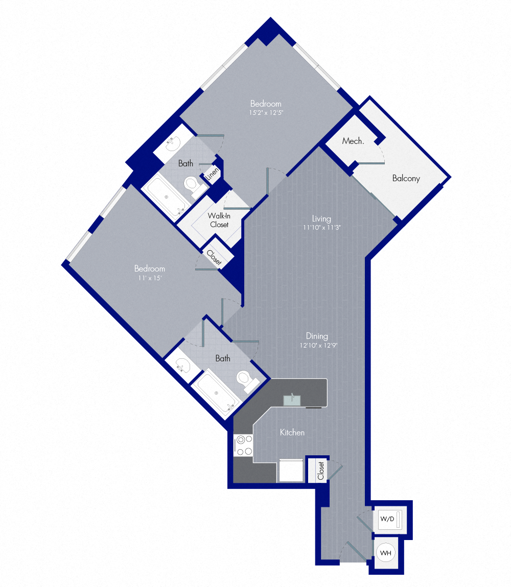 Floor plan for 2 beds, 2 baths, 1124 sqft