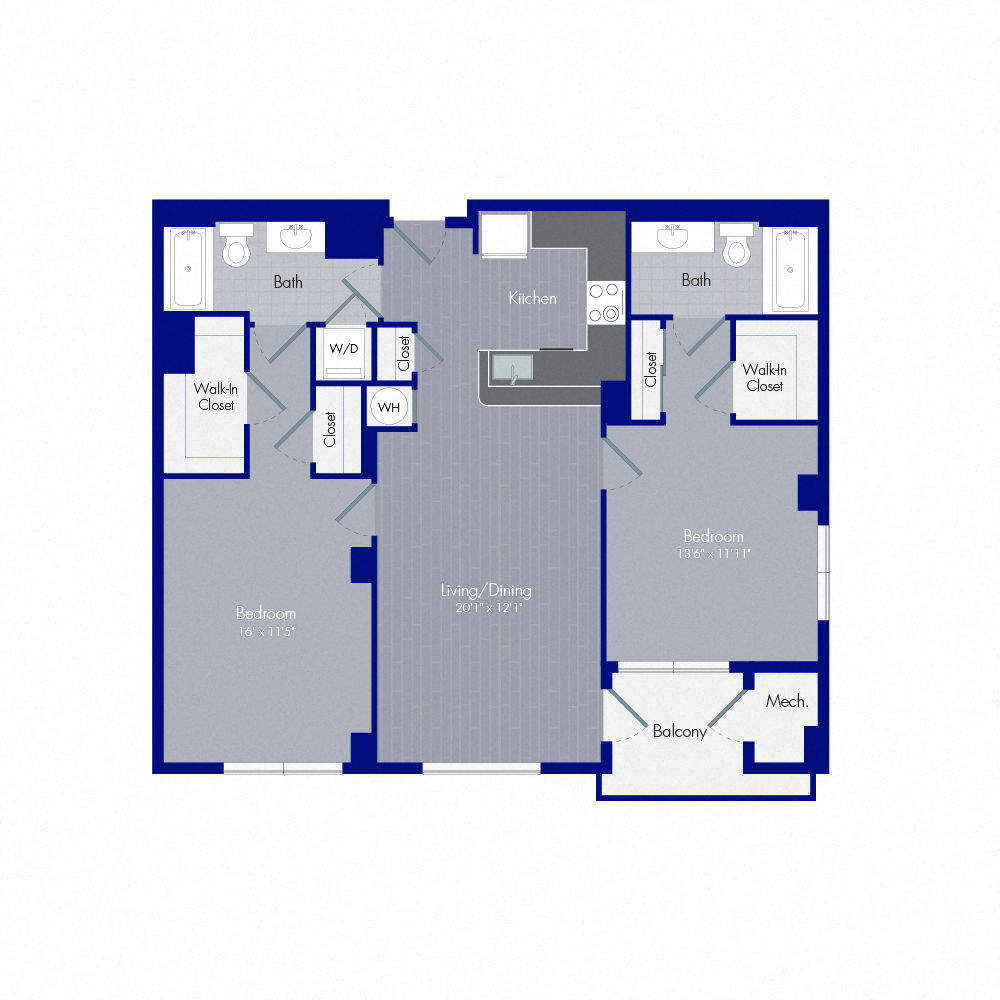 Floor plan for 2 beds, 2 baths, 1104 sqft