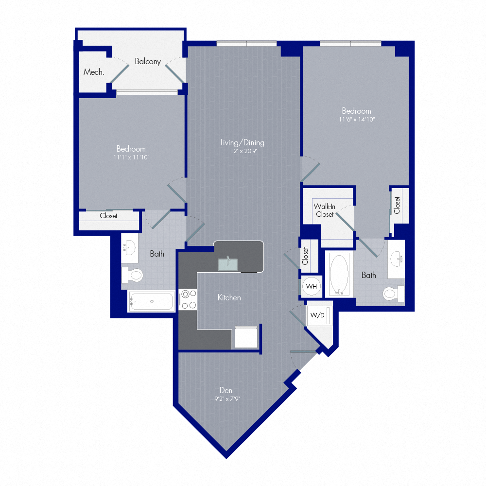 Floor plan for 2 beds, 2 baths, 1127 sqft