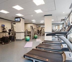 Toronto apartment for rent - A gym with treadmills, exercise balls, and other equipment.