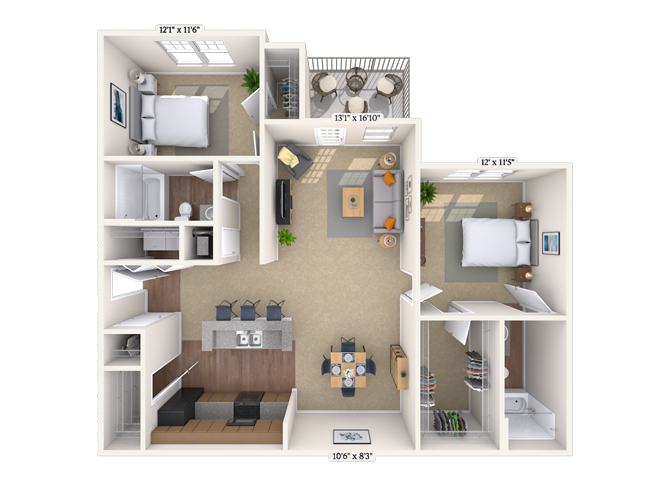 Floor plan for 2 beds, 2 baths, 1192 sqft