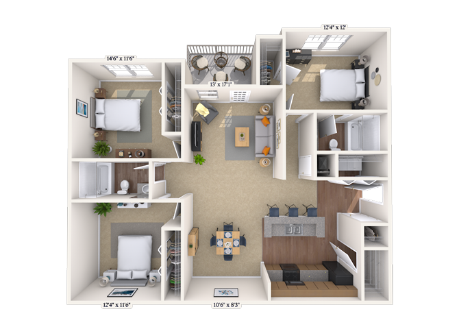 Floor plan for 3 beds, 2 baths, 1417 sqft