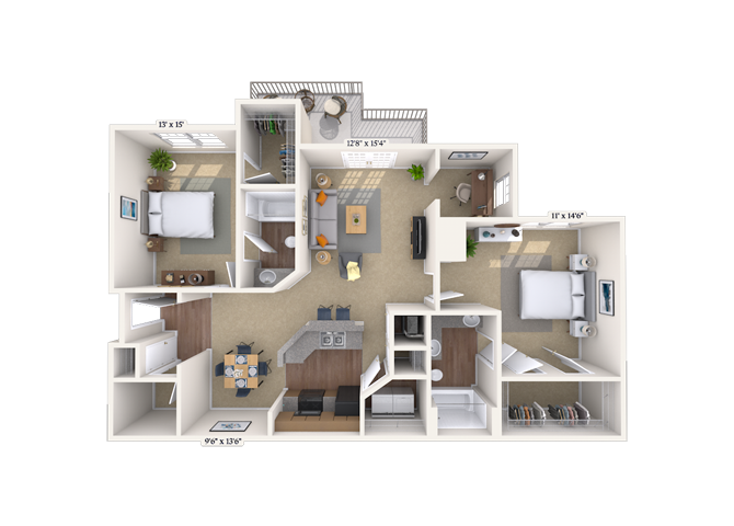 Floor plan for 2 beds, 2 baths, 1319 sqft