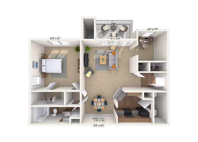 Floor plan for 1 bed, 1 bath, 985 sqft