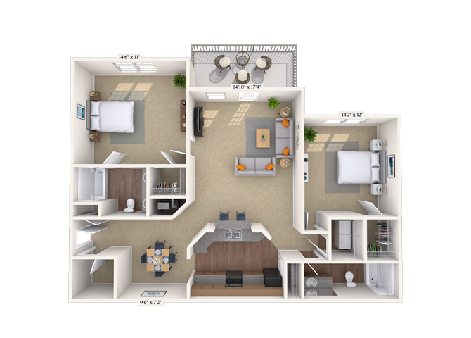Floor plan for 2 beds, 2 baths, 1363 sqft