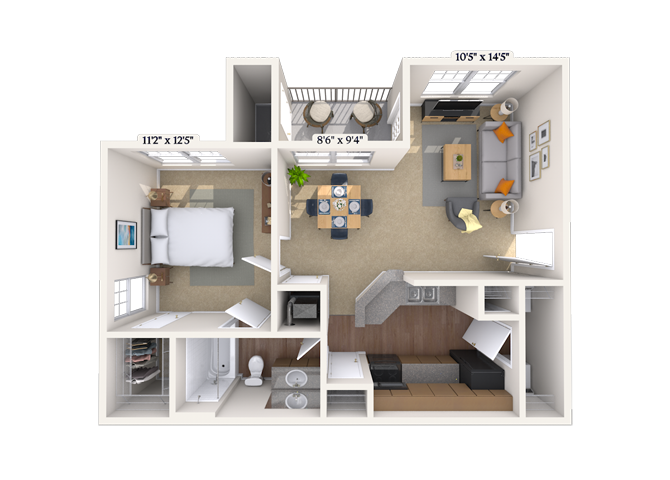 Floor plan for 1 bed, 1 bath, 750 sqft