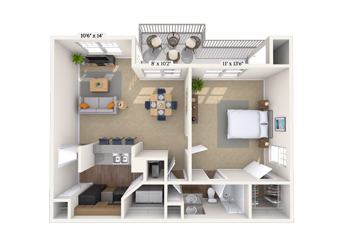 Floor plan for 1 bed, 1 bath, 686 sqft