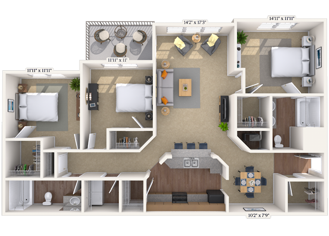 Floor plan for 3 beds, 2 baths, 1571 sqft