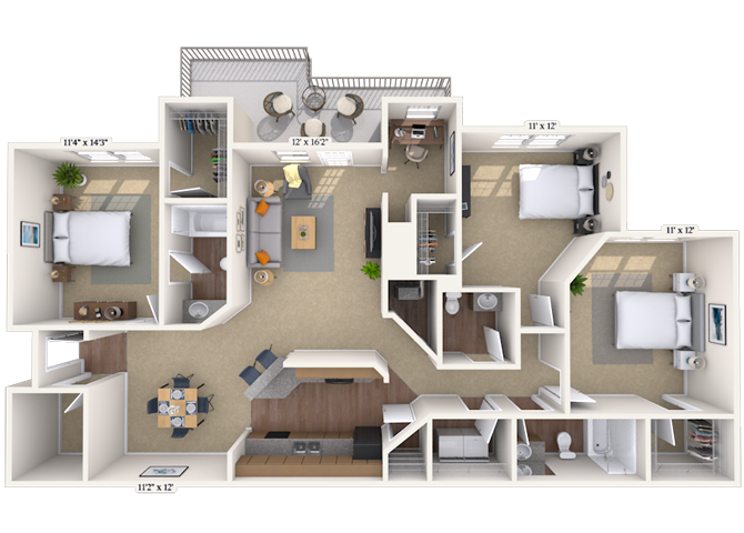 Floor plan for 3 beds, 2 baths, 1431 sqft