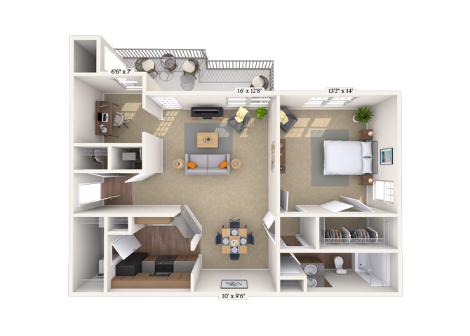 Floor plan for 1 bed, 1 bath, 857 sqft