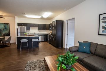 Omaha apartment for rent - a living room and kitchen with a couch and a table