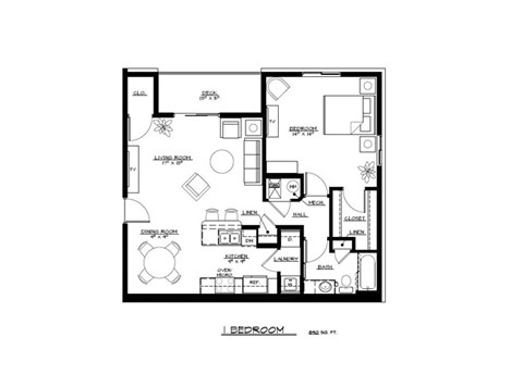 Floor plan for 1 bed, 1 bath, 890 sqft