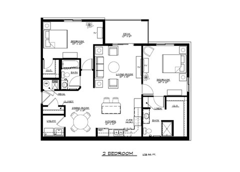 Floor plan for 2 beds, 2 baths, 1178 sqft