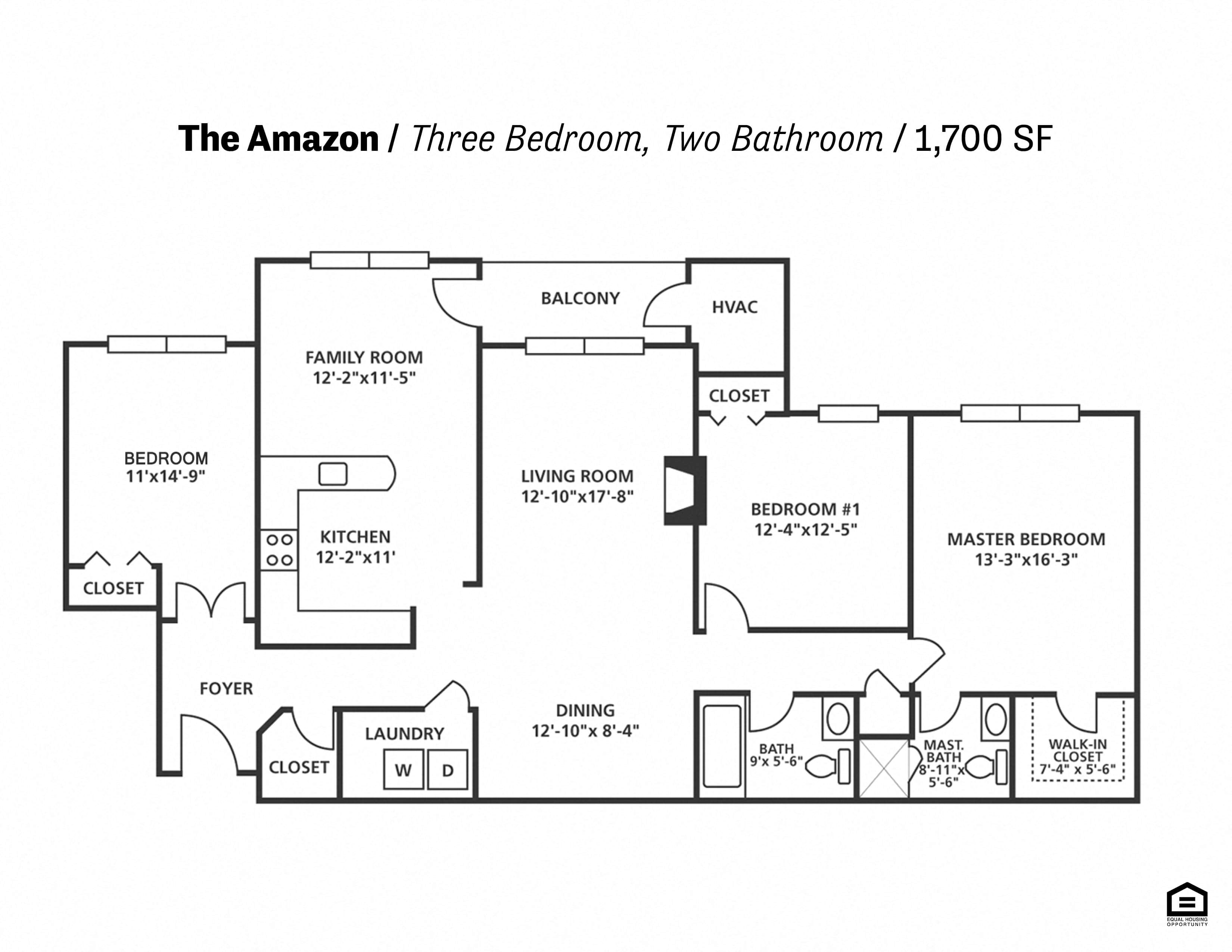 Floor plan for 3 beds, 2 baths, 1700 sqft