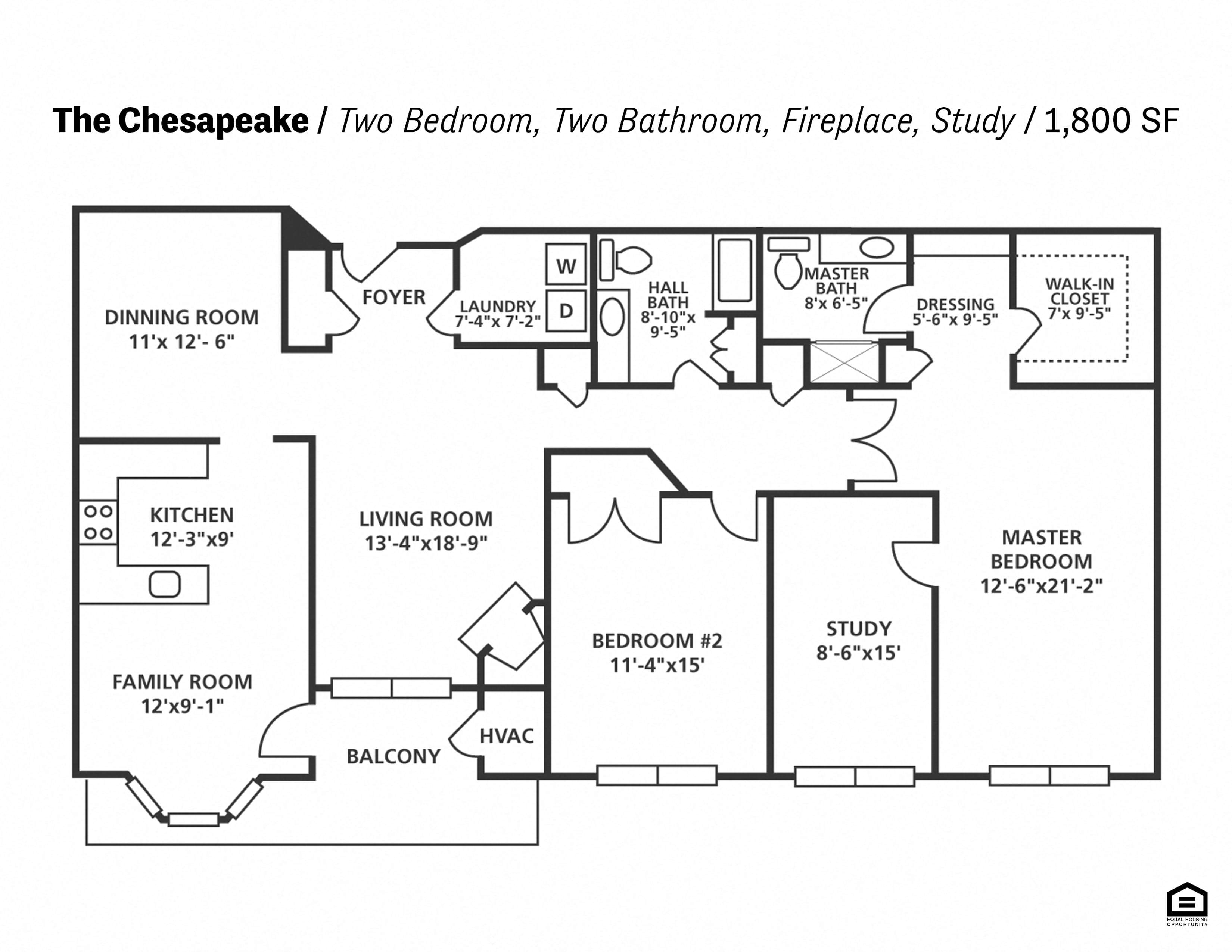 Floor plan for 2 beds, 2 baths, 1800 sqft