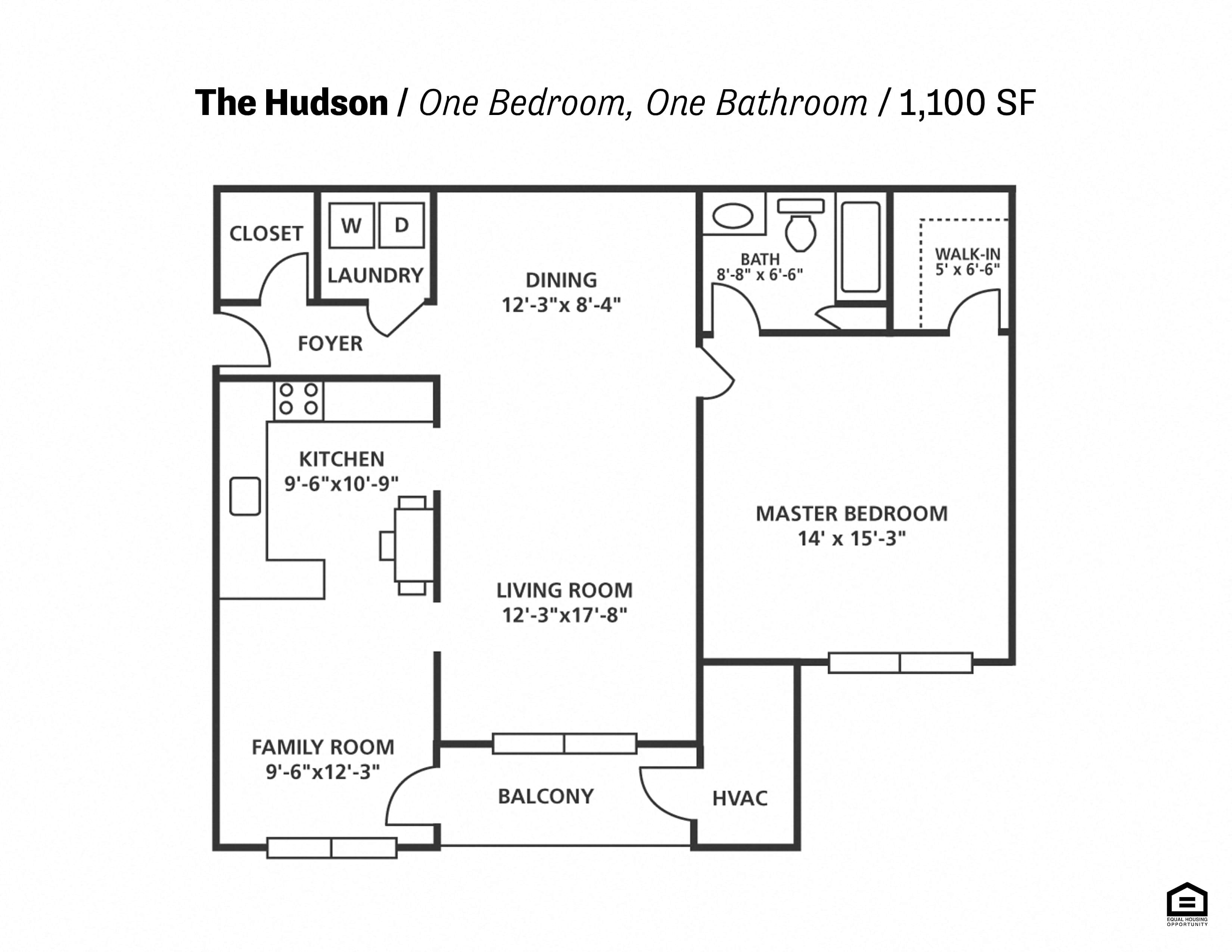 Floor plan for 1 bed, 1 bath, 1100 sqft