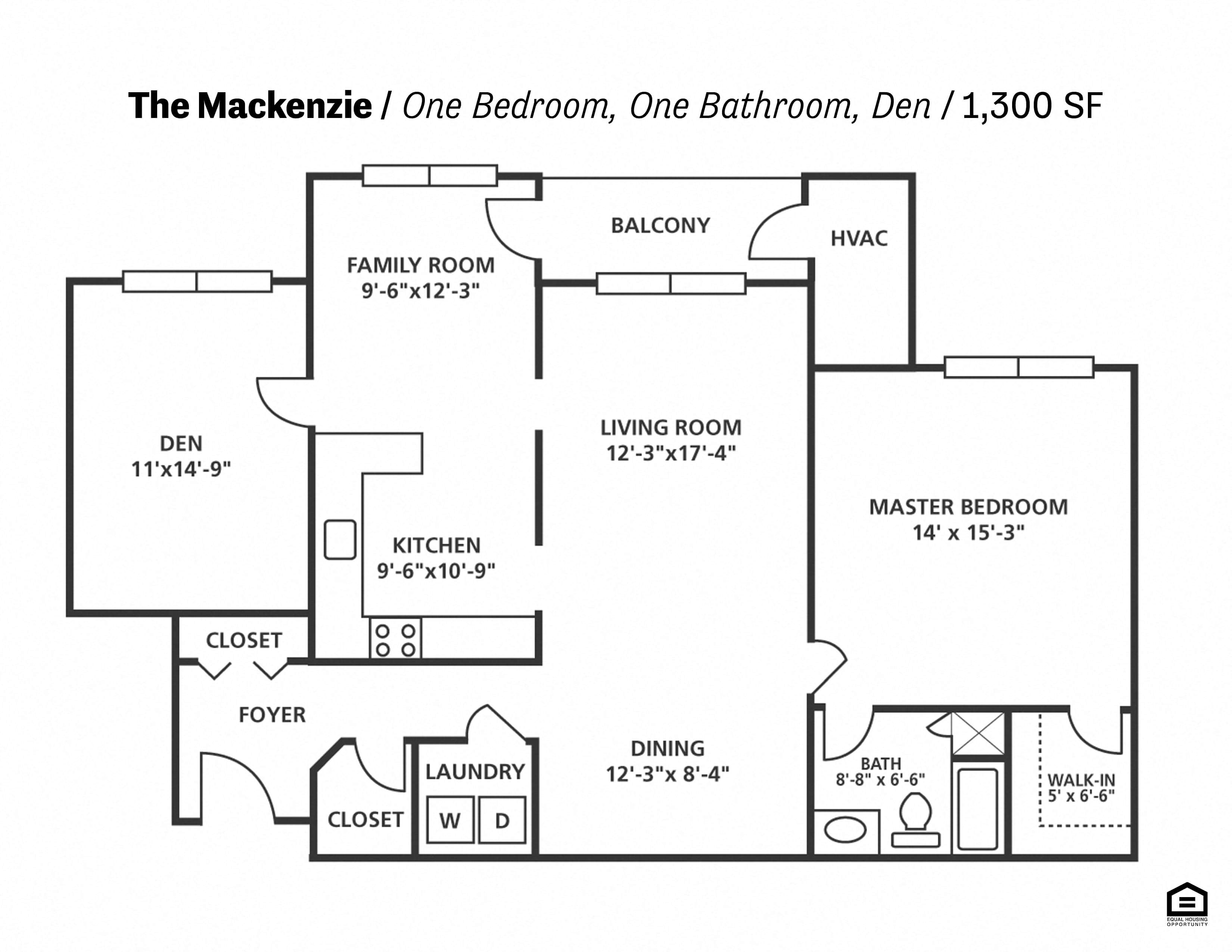 Floor plan for 1 bed, 1 bath, 1300 sqft