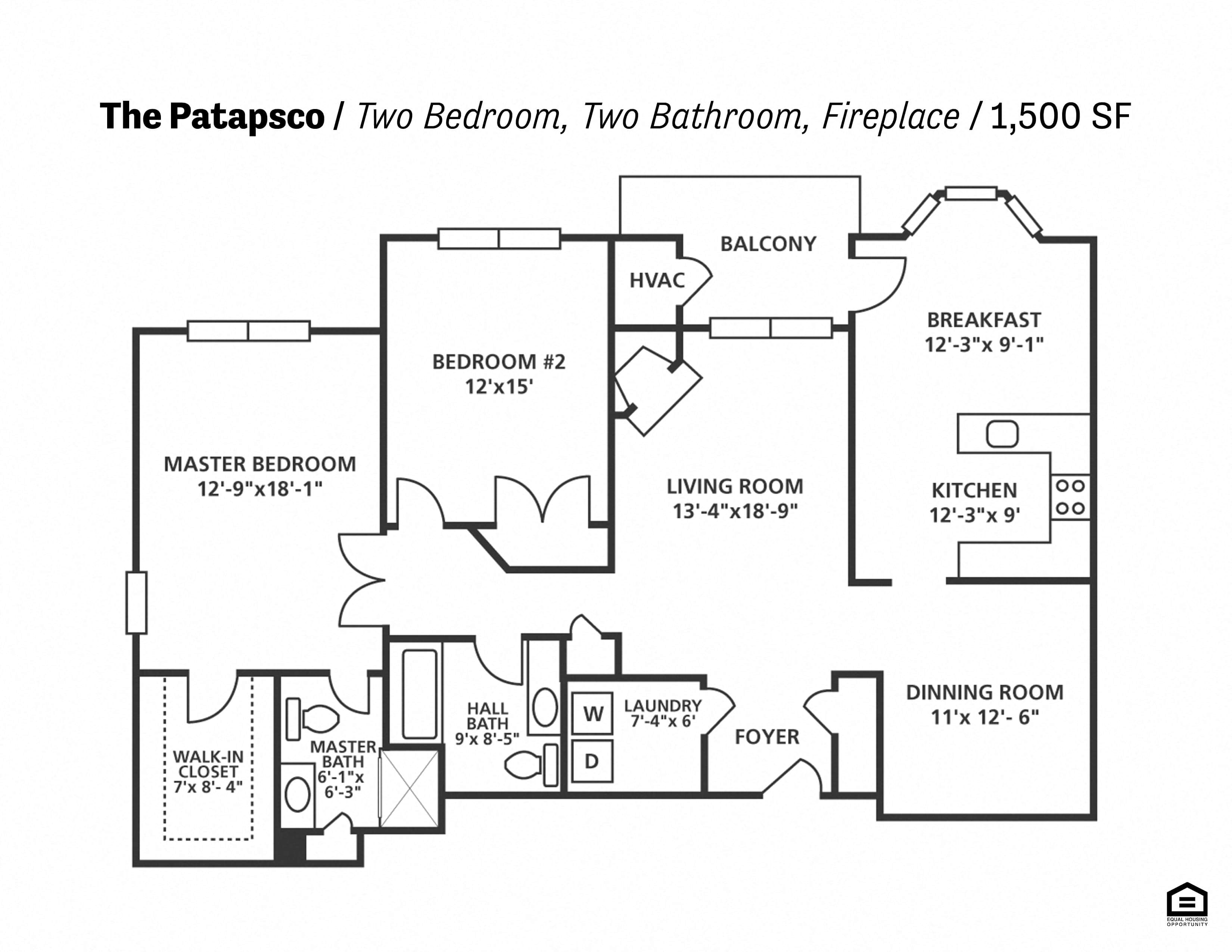 Floor plan for 2 beds, 2 baths, 1500 sqft