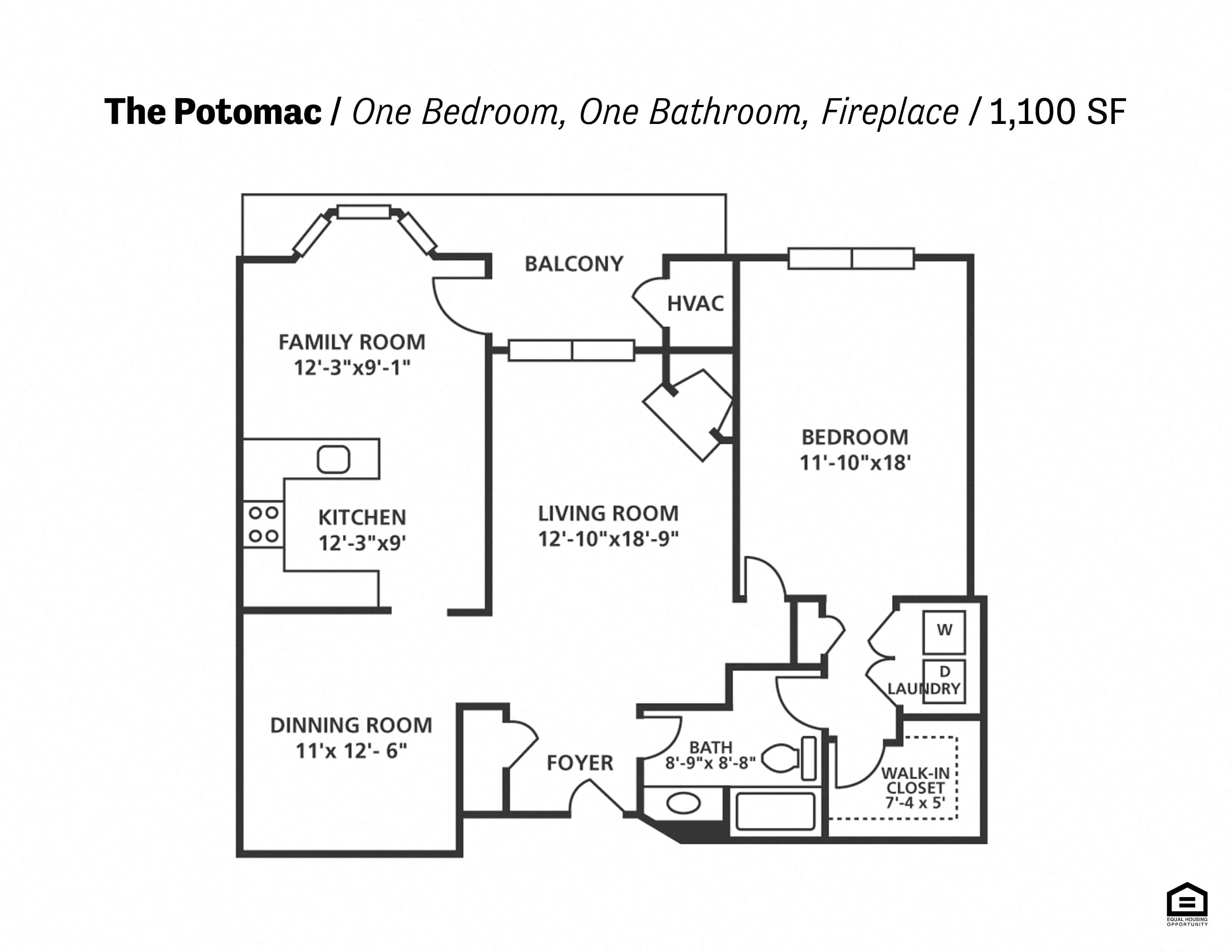 Floor plan for 1 bed, 1 bath, 1100 sqft