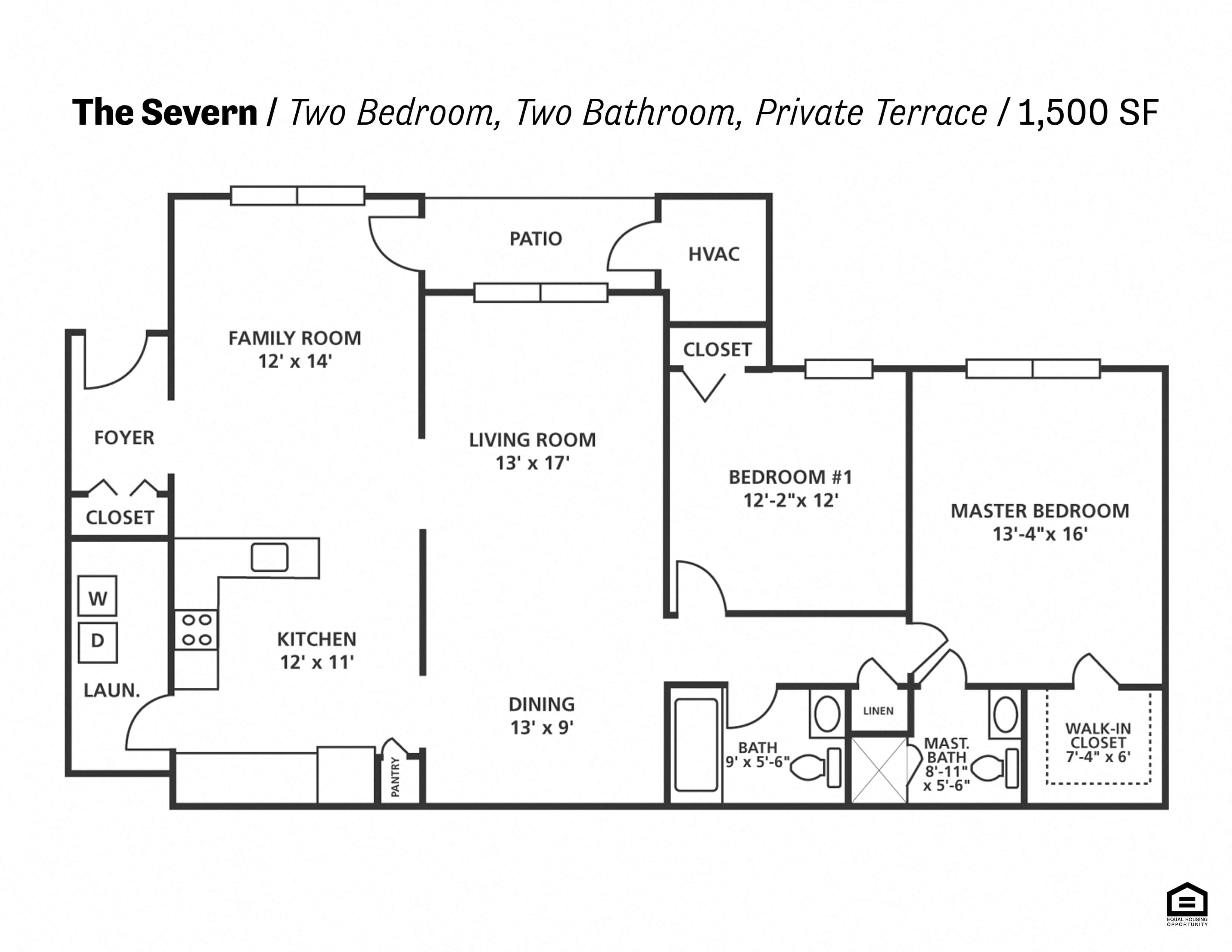 Floor plan for 2 beds, 2 baths, 1500 sqft