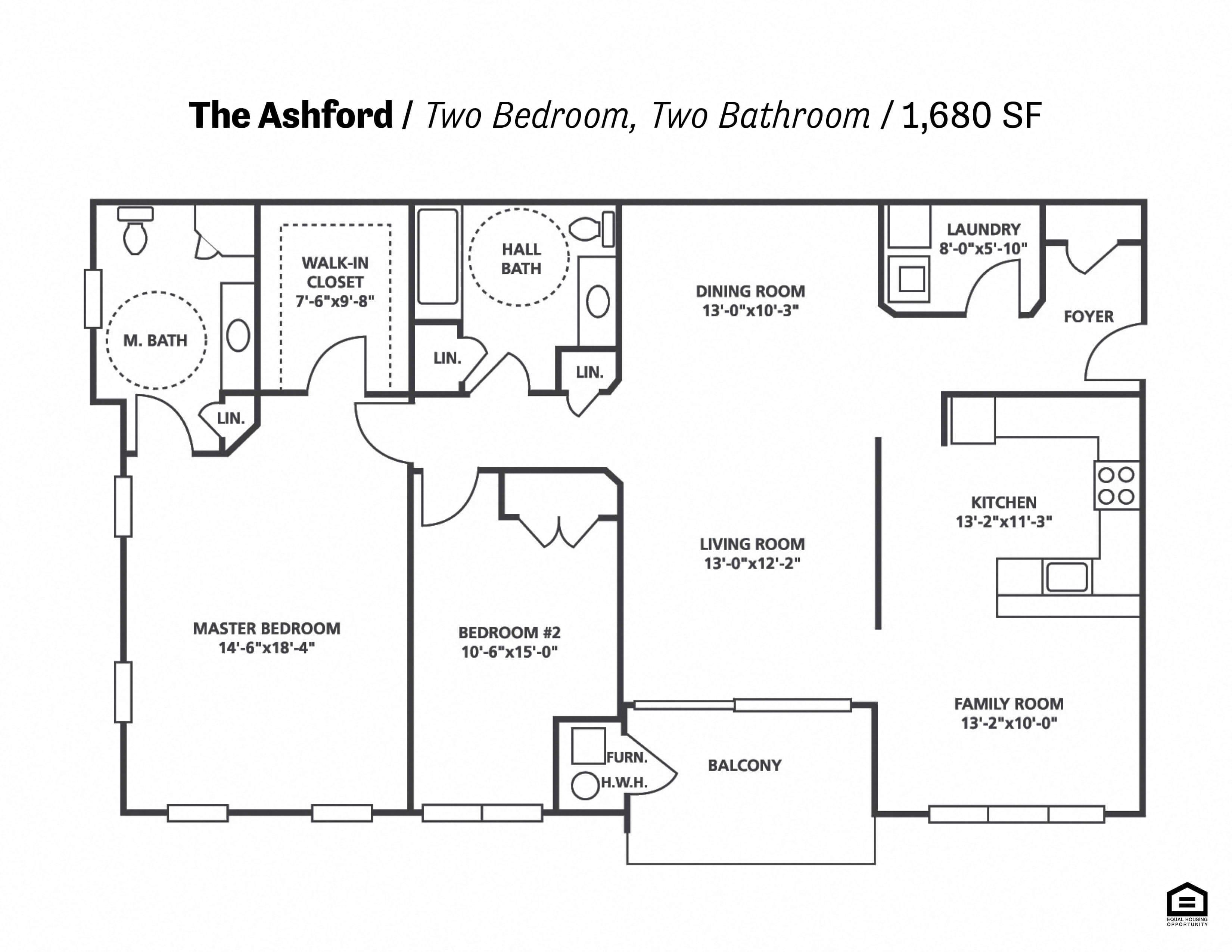 Floor plan for 2 beds, 2 baths, 1680 sqft