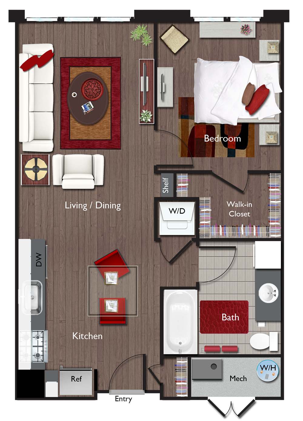 Floor plan for 1 bed, 1 bath, 704 sqft