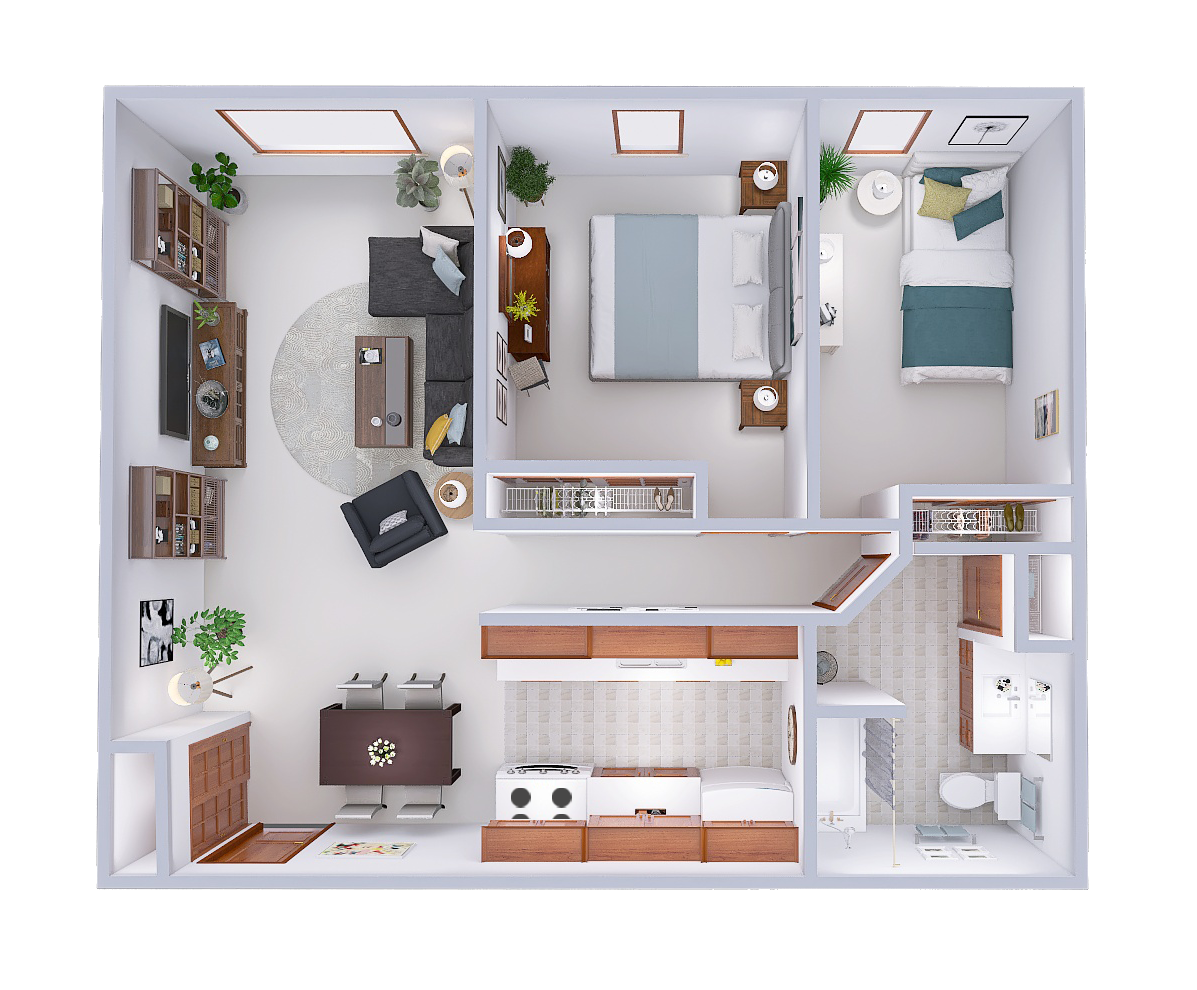 Floor plan for 2 beds, 1 bath, 888 sqft