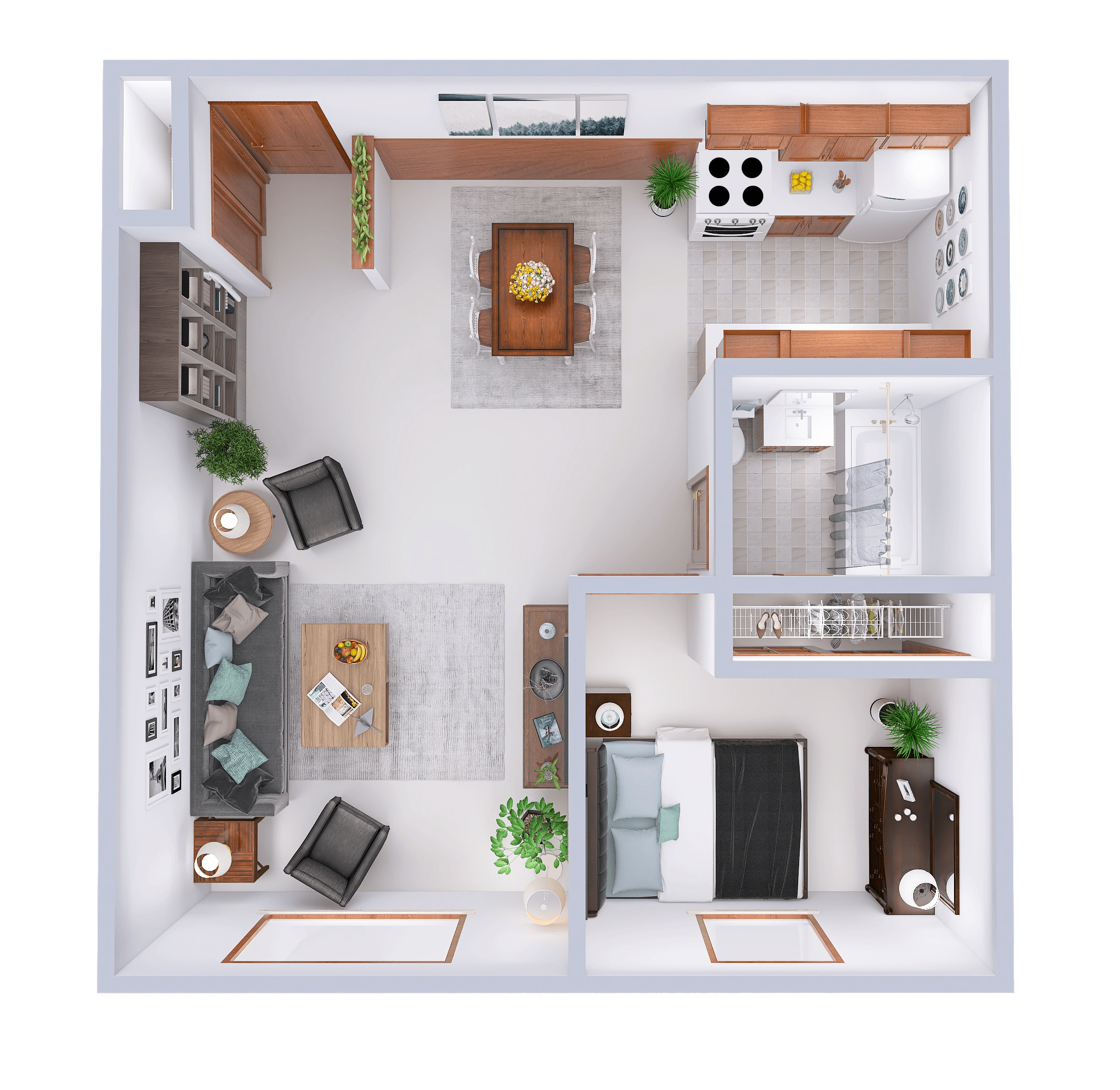 Floor plan for 1 bed, 1 bath, 642 sqft