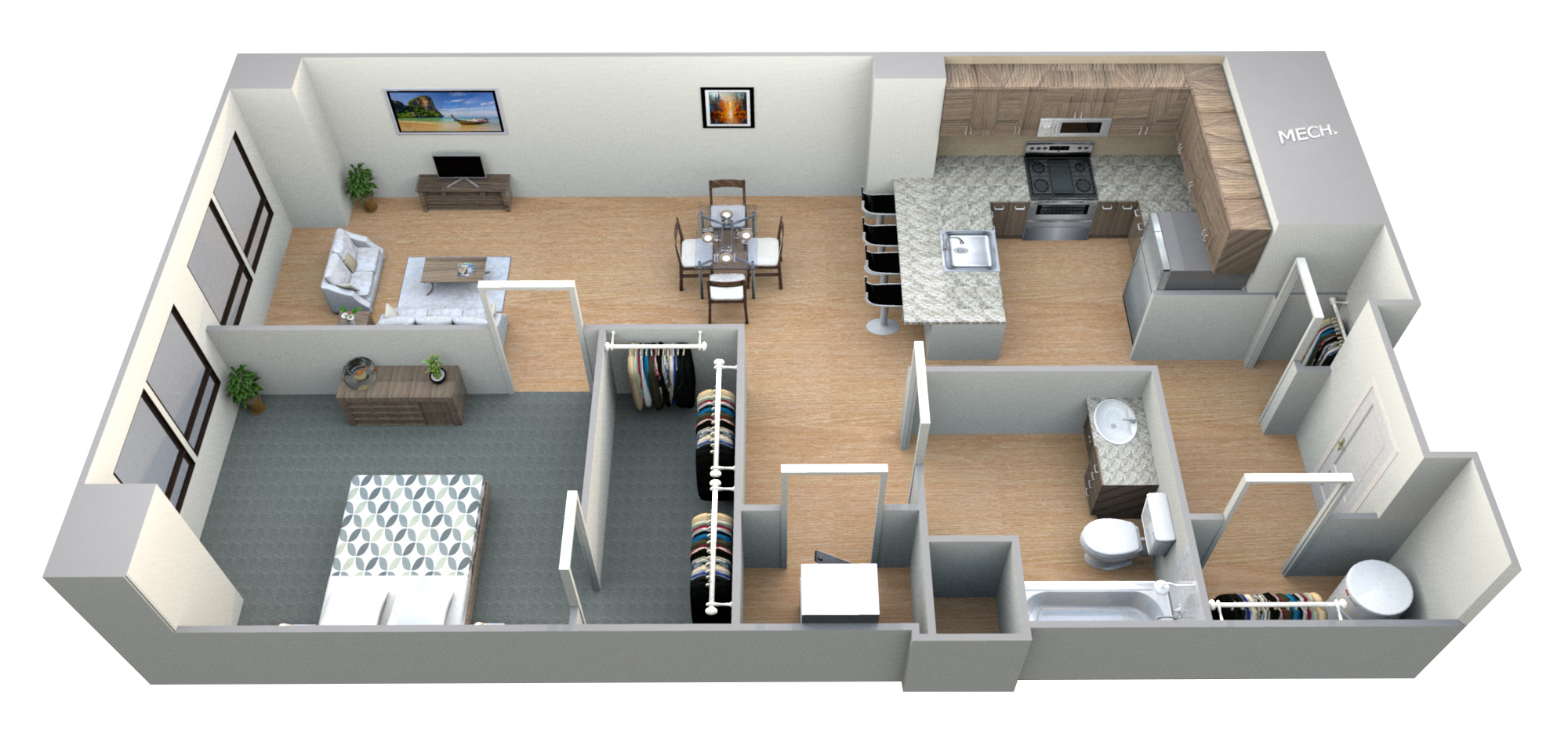 Floor plan for 1 bed, 1 bath, 757 sqft