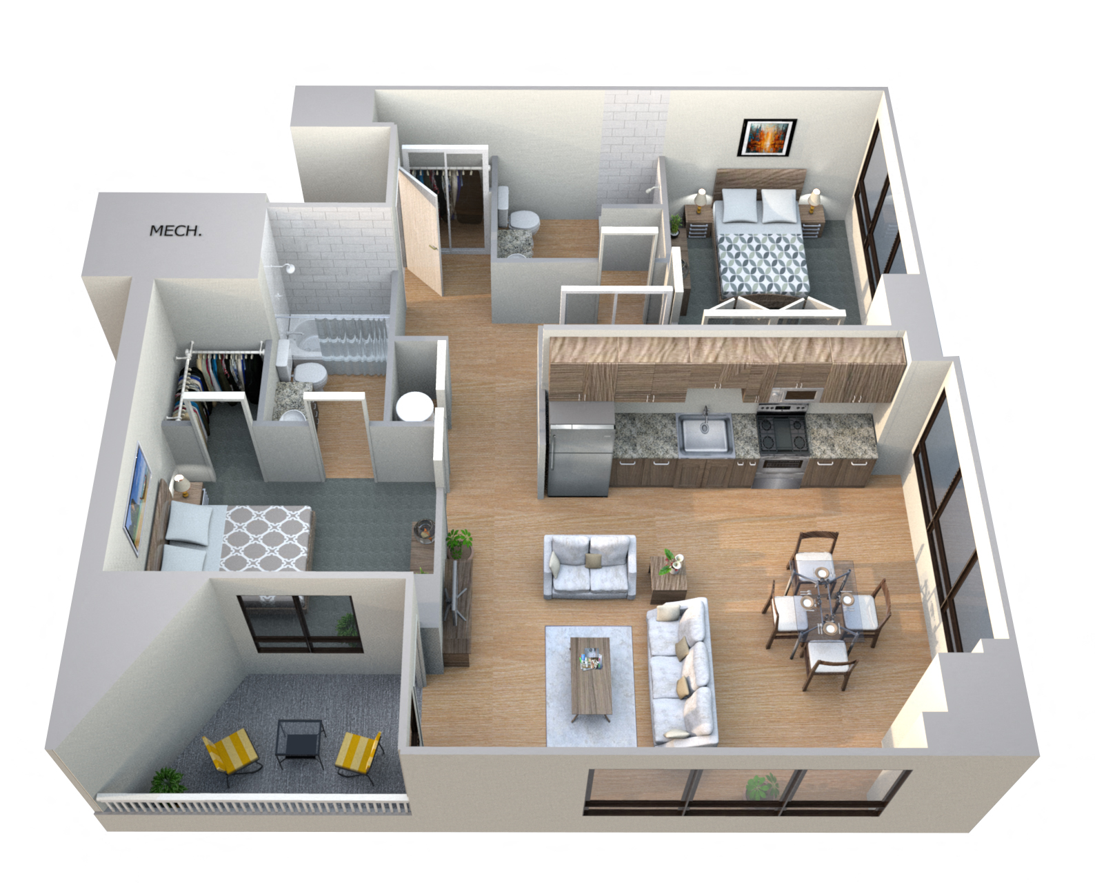 Floor plan for 2 beds, 2 baths, 1119 sqft
