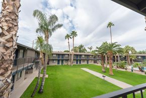 Phoenix apartment for rent - a building with a lawn and palm trees in front of it