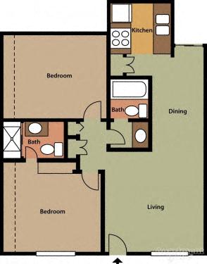 Floor plan for 2 beds, 2 baths, 750 sqft