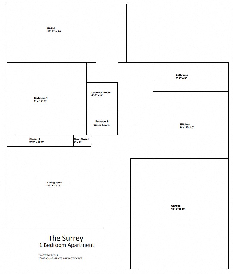 Floor plan for 1 bed, 1 bath, 877 sqft
