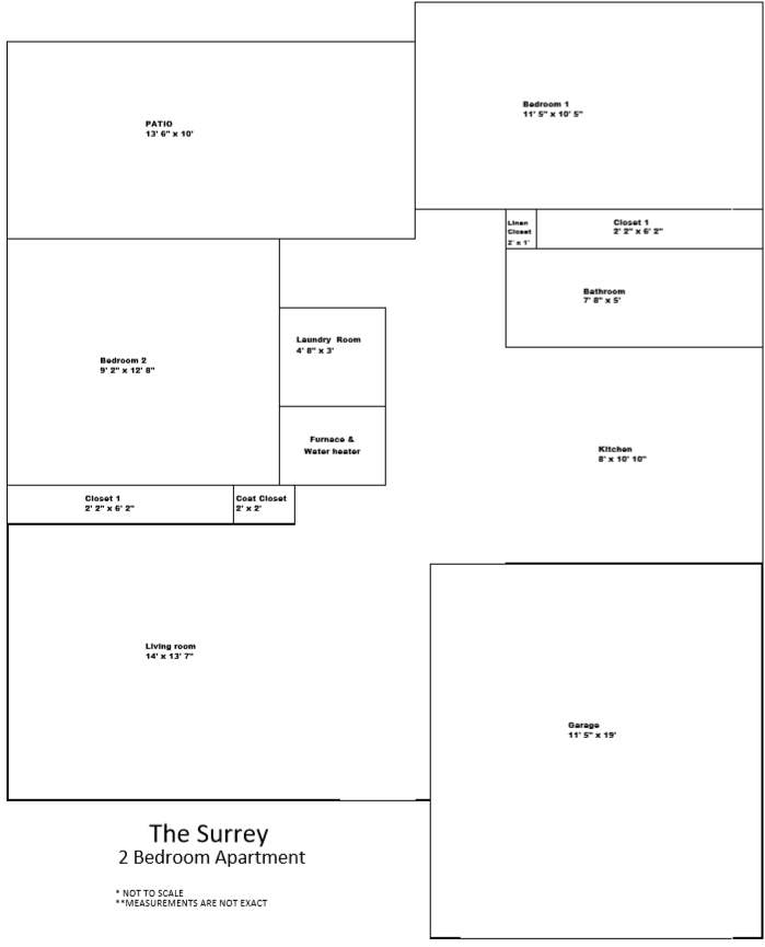 Floor plan for 2 beds, 1 bath, 1038 sqft