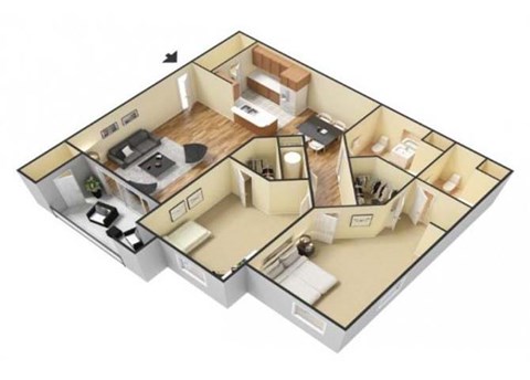 Floor plan for 2 beds, 2 baths, 1121 sqft