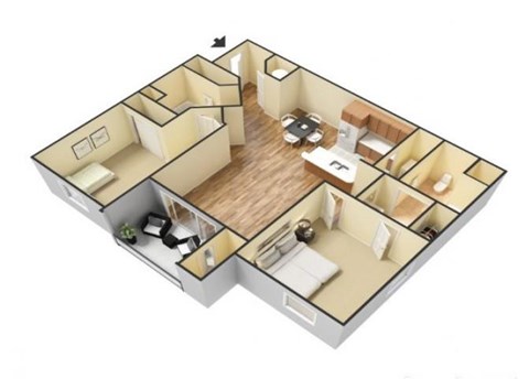 Floor plan for 2 beds, 2 baths, 960 sqft