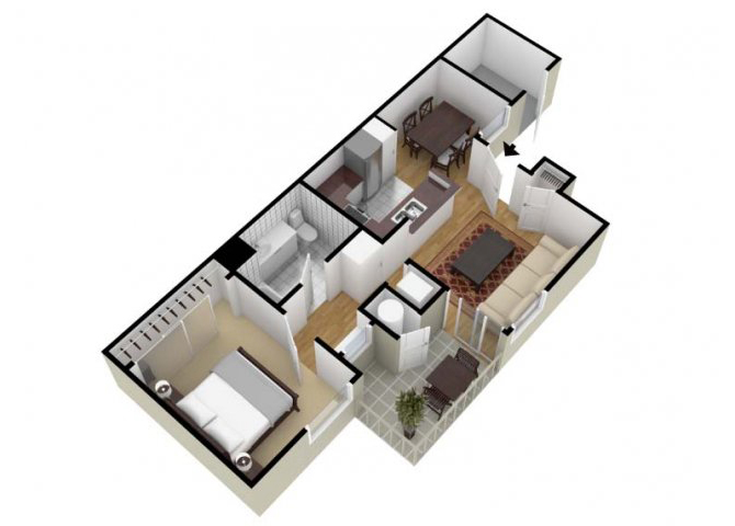 Floor plan for 1 bed, 1 bath, 809 sqft