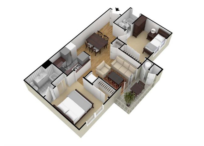 Floor plan for 2 beds, 2 baths, 975 sqft