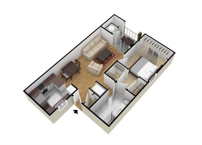 Floor plan for 1 bed, 1 bath, 818 sqft