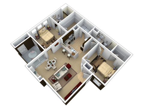Floor plan for 2 beds, 2 baths, 1269 sqft
