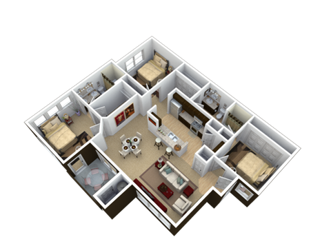Floor plan for 3 beds, 2 baths, 1321 sqft