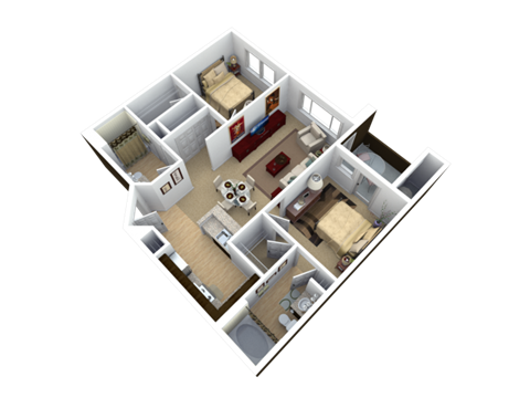 Floor plan for 2 beds, 2 baths, 1007 sqft