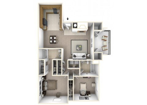 Floor plan for 2 beds, 2 baths, 990 sqft